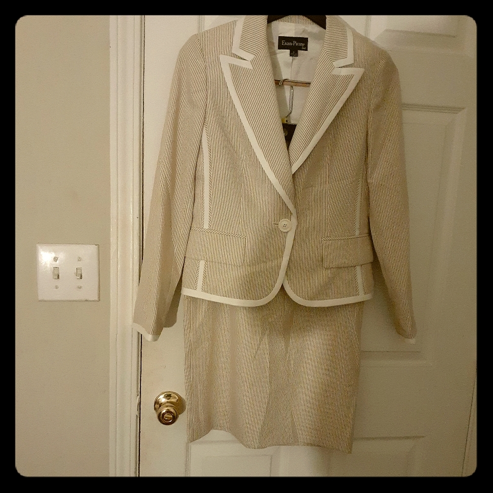 Beige/white pinstripe suit